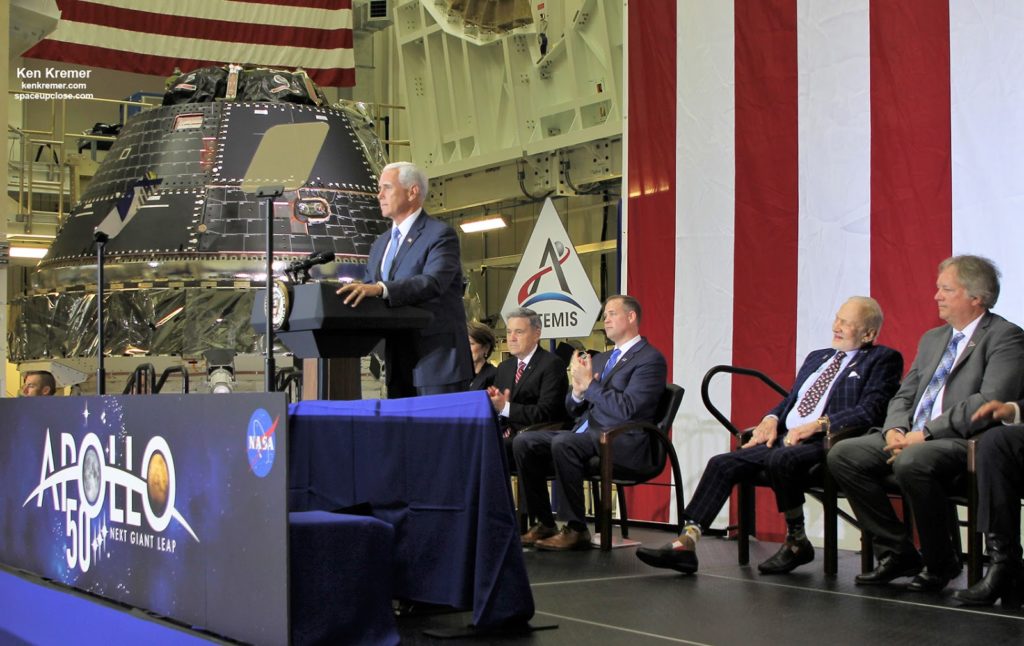 VP Pence Declares Orion Artemis 1 Moon Capsule Complete During KSC Visit Honoring Apollo 11 Lunar Landing: Photos