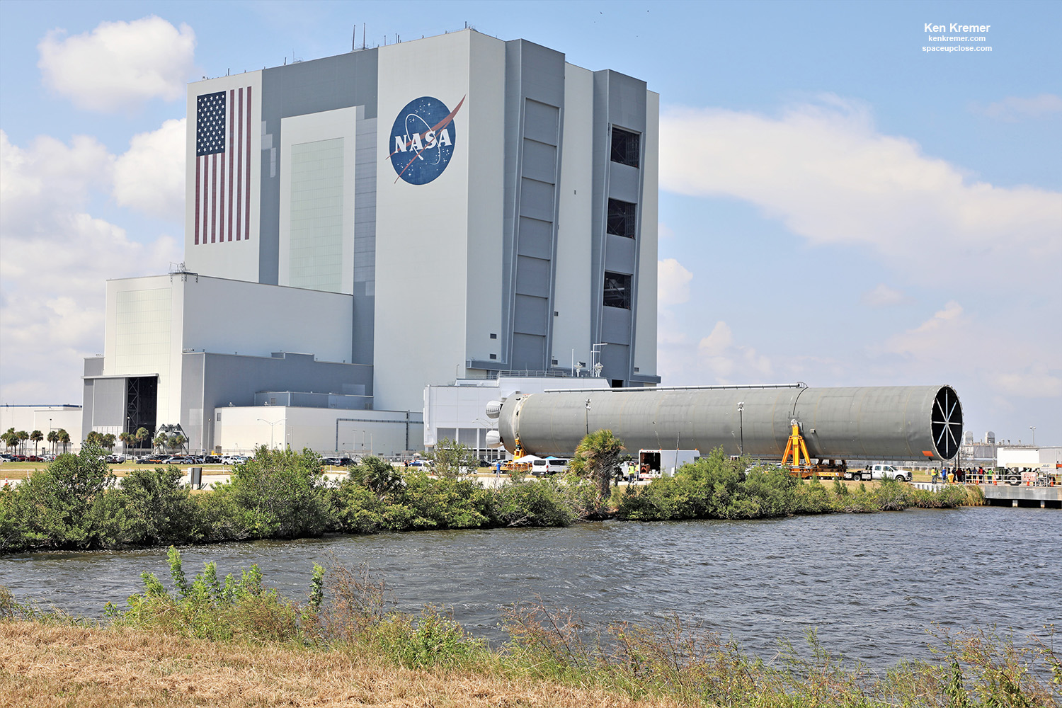 SLS Core Stage Mock-up Offloaded from Pegasus Barge for KSC VAB Testing to Support NASA Artemis Moon Landing: Photos