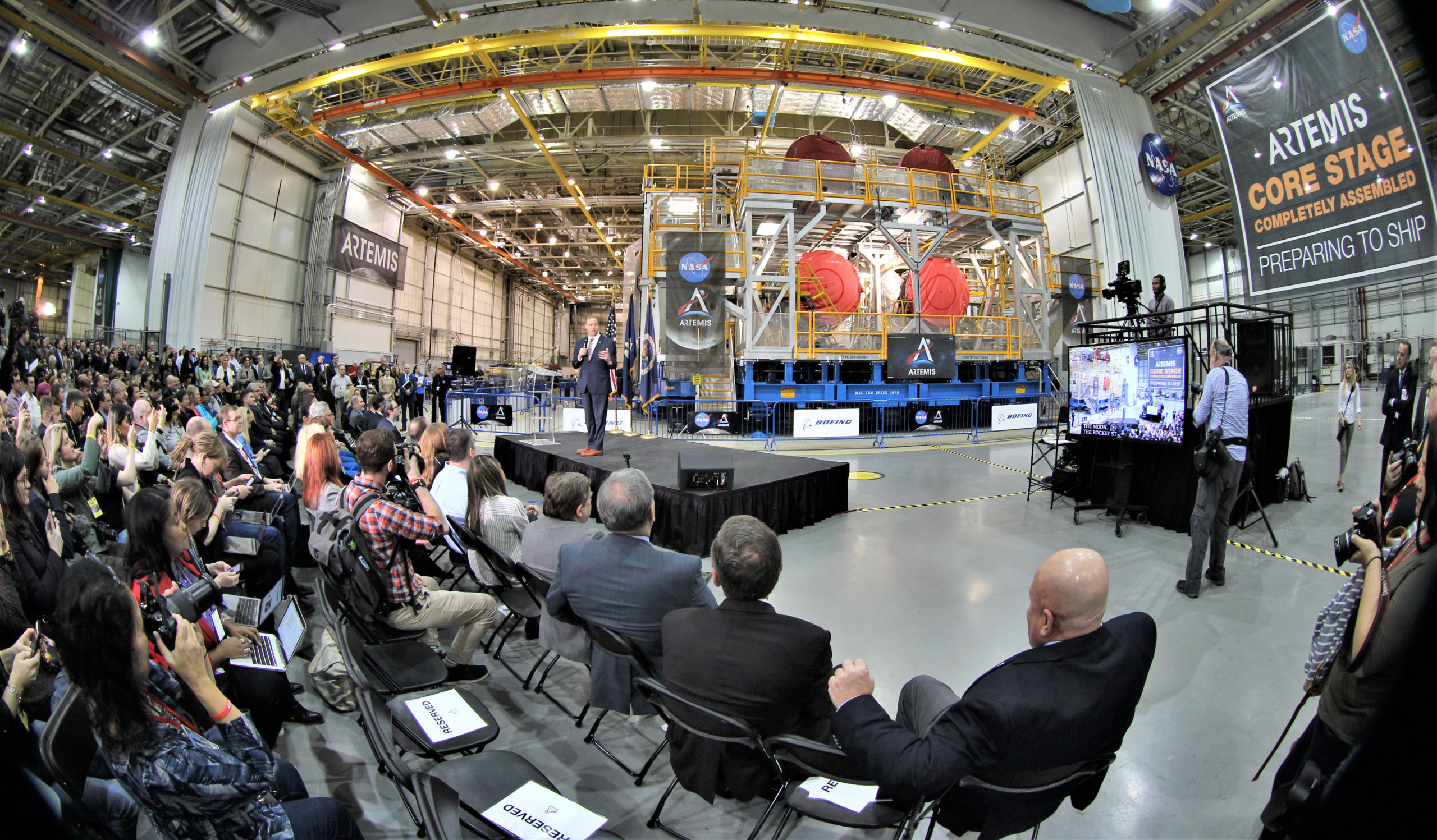 NASA Administrator Bridenstine Announces Completion of 1st SLS Core Stage Moon Rocket at Artemis Day: Photos