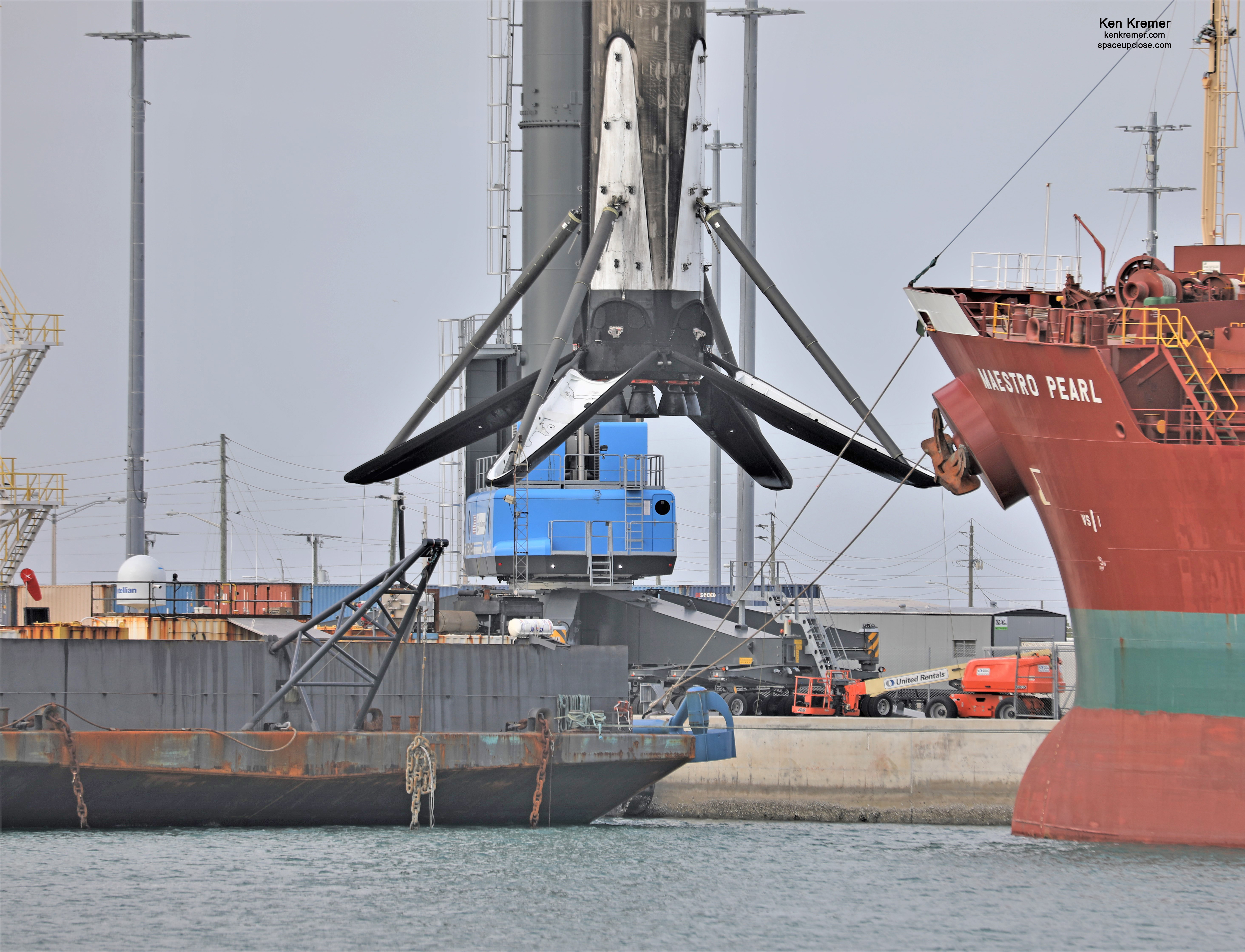 4th Time Recovered SpaceX 1st Stage from 3rd Starlink Launch Craned off Droneship onto Land: Photos