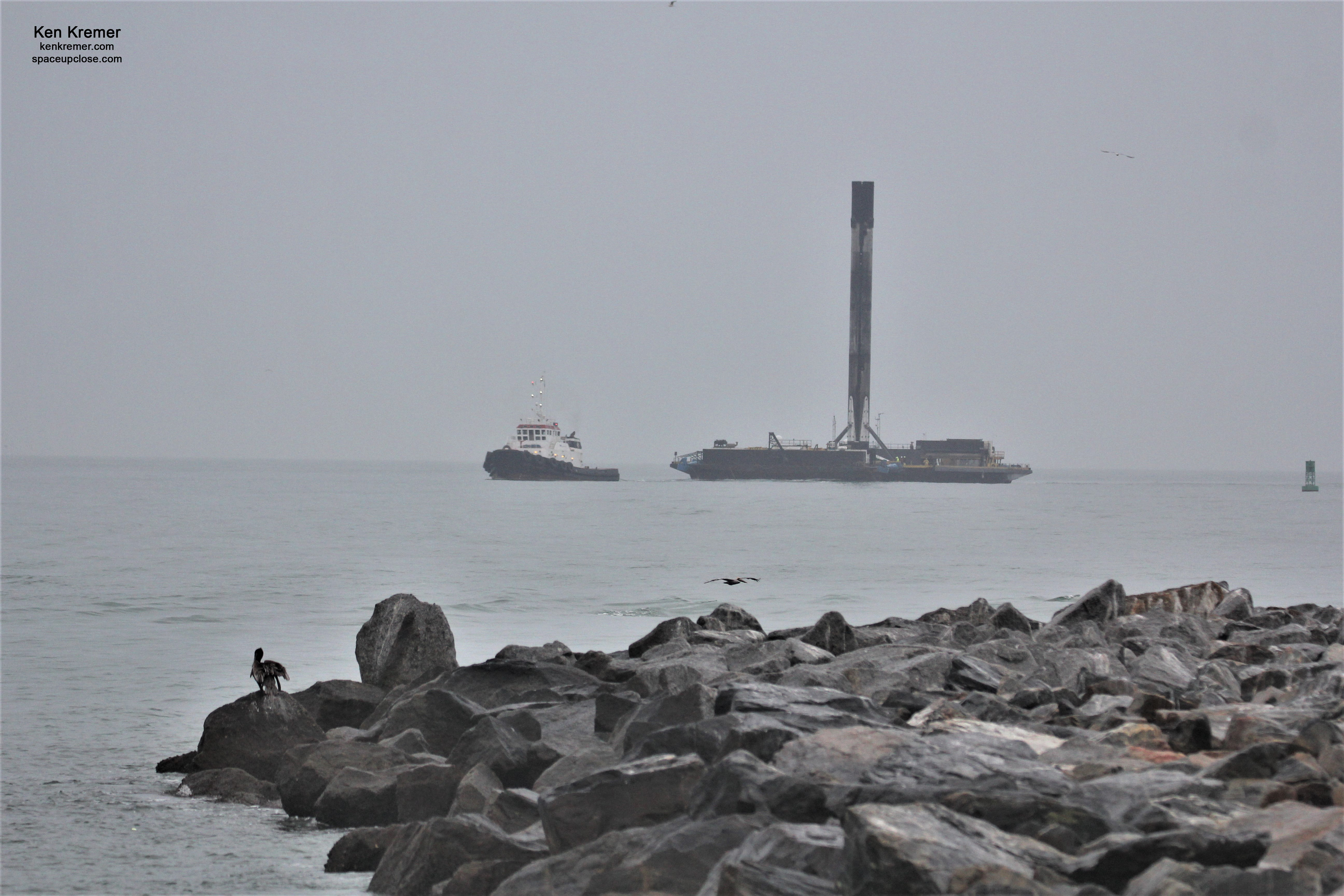 Under Gloomy Skies Recovered SpaceX Starlink Booster Sails Triumphantly into Port Canaveral: Photos