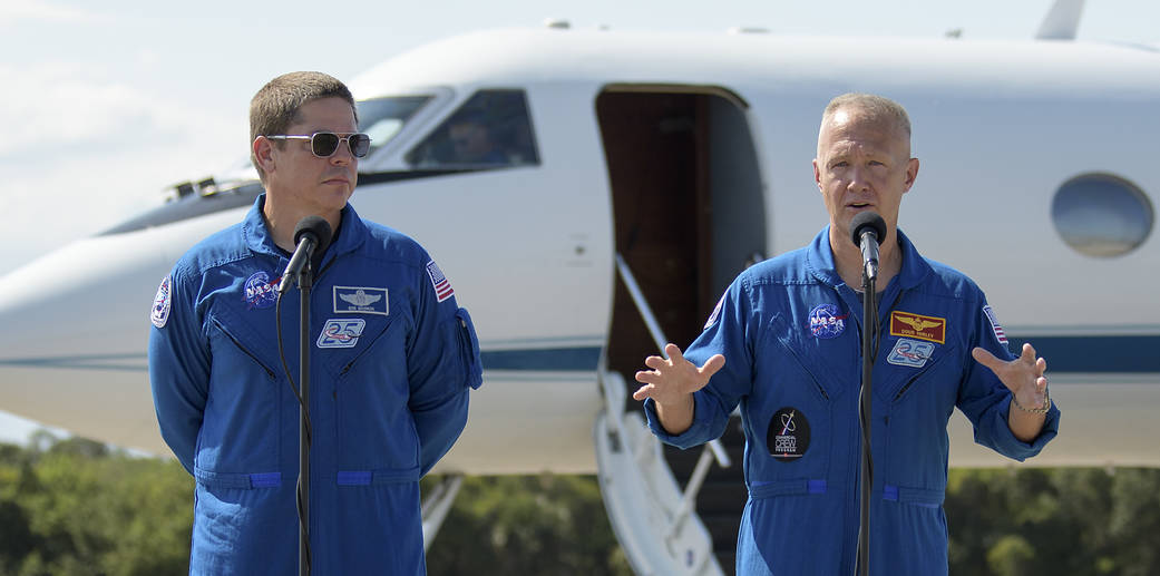 Two Astronauts Arrive at KSC for Historic 1st SpaceX Crew Dragon Mission to ISS