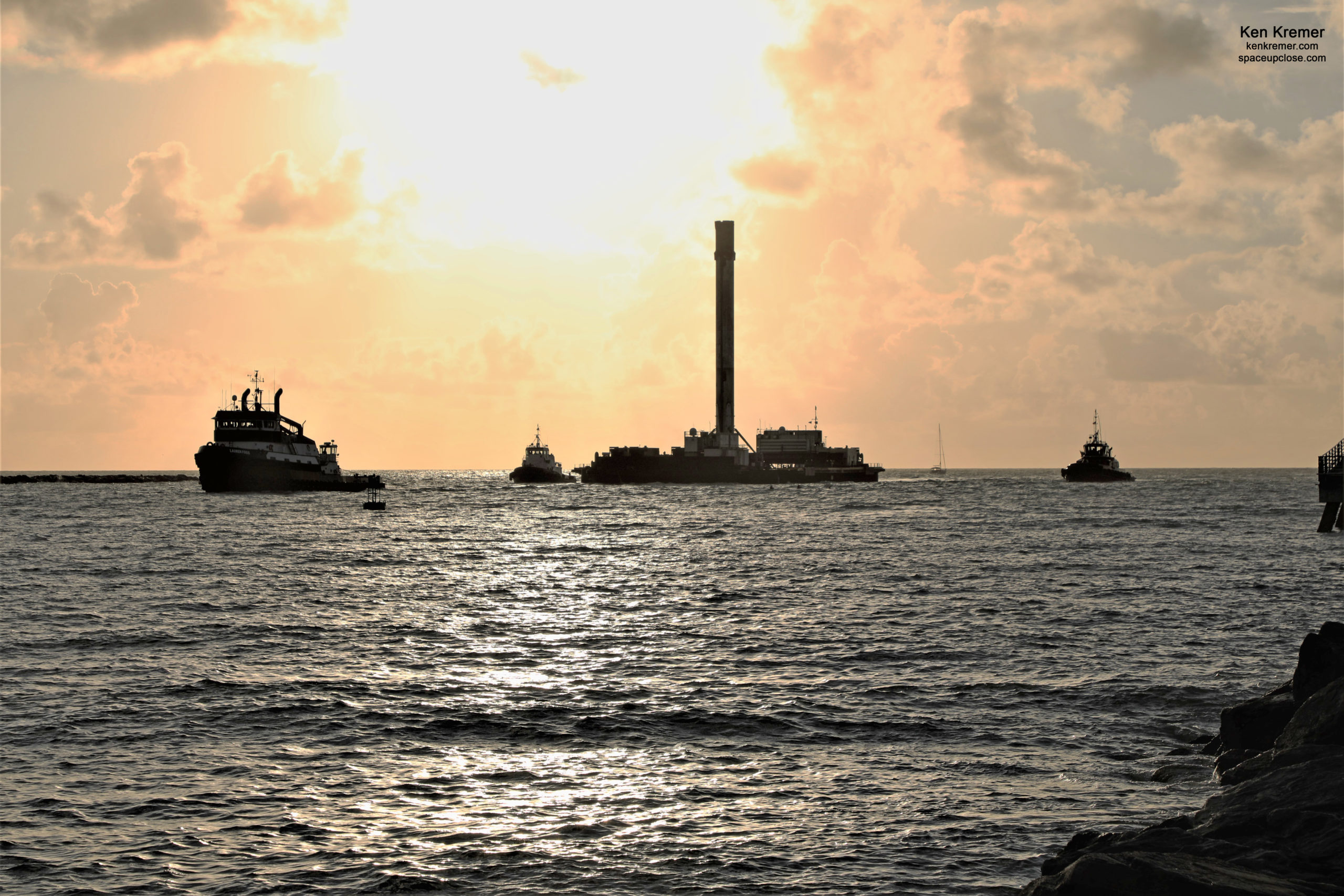 2x Recycled SpaceX Booster from Korean Milsat Launch Returns to Port Canaveral with NASA Worm Intact from 1st Human Launch: Photos