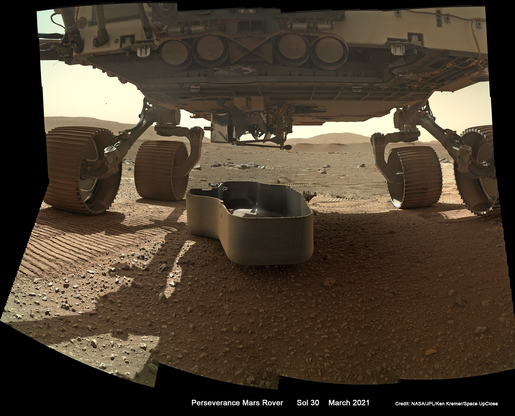 1st Look at NASA’s Unveiled Mars Helicopter Ingenuity on Perseverance Rover Belly as Heliport Takeoff Site Located: Mosaic