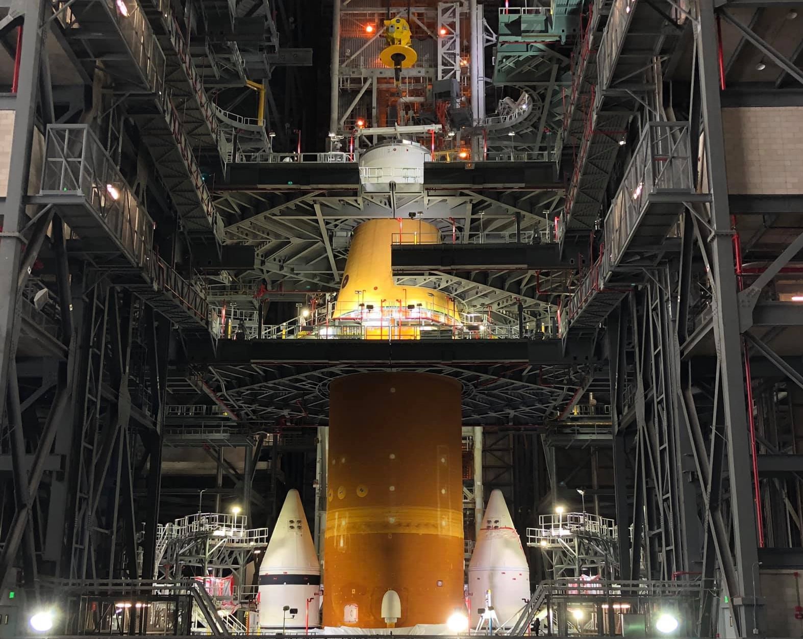 Big Build In Progress for NASA’s 1st SLS Moon Rocket Inside VAB at Kennedy Space Center