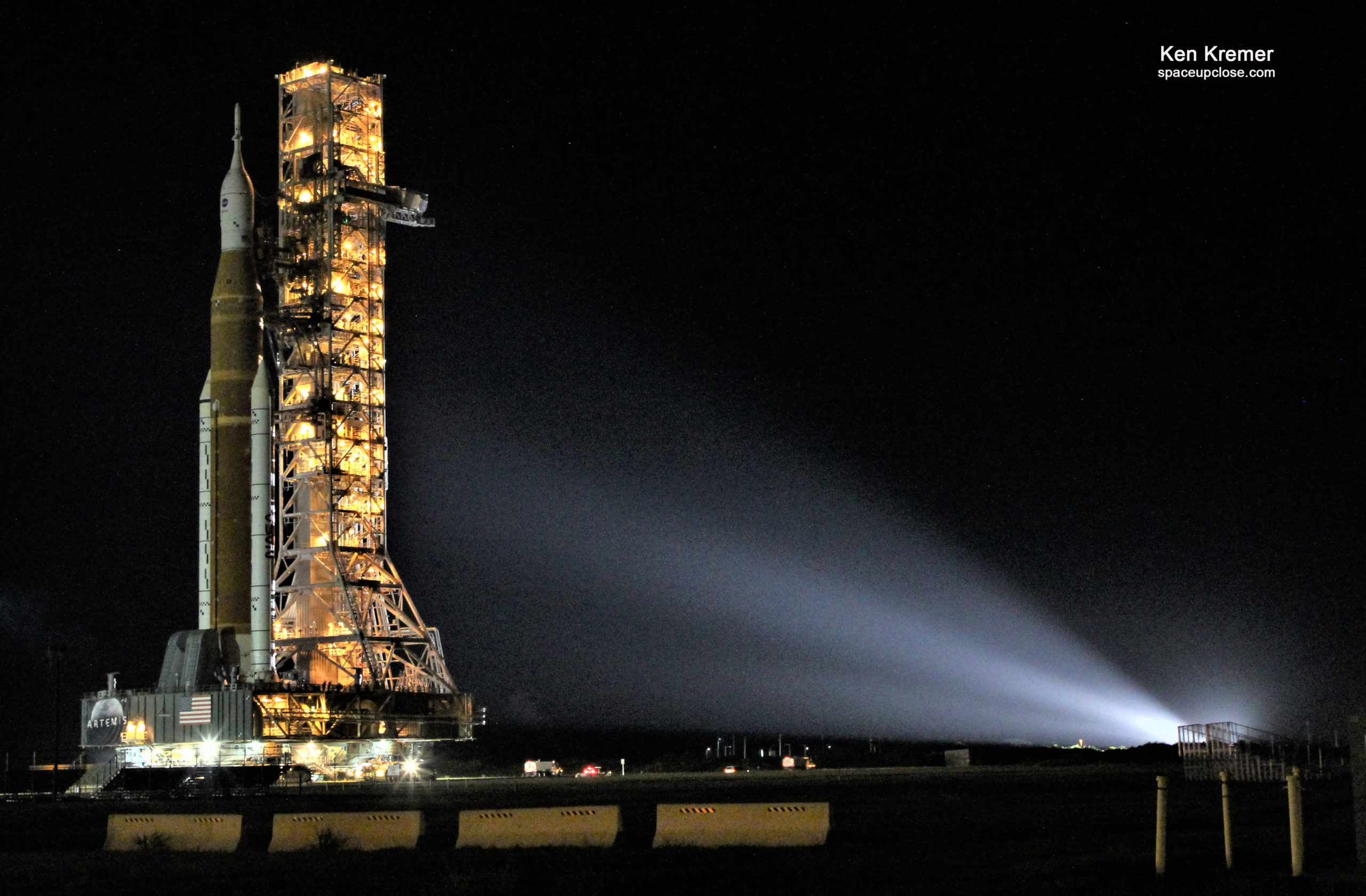 Repaired SLS Moon Rocket Rolls Back to KSC Launch Pad 2nd Time for Another Tanking Test: Photos